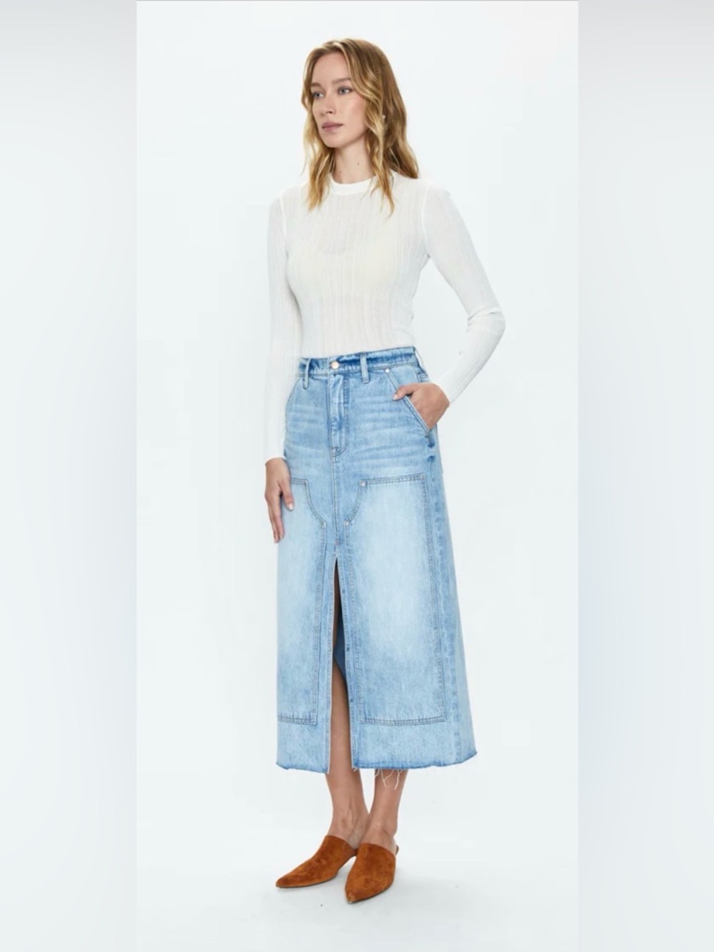 Pistola Alice Workwear carpenter High Rise Midi Denim skirt NWT Size 26 - Picture 4 of 12